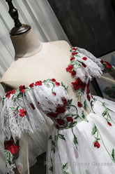 Puffy Long Sleeves Off the Shoulder Lace Tulle Semi Formal Prom Dress with Appliques